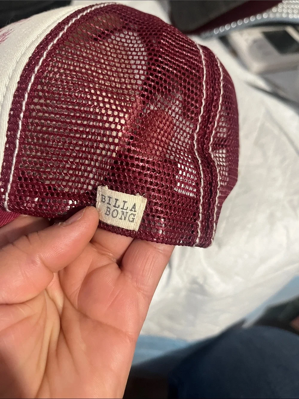 Vintage Billabong Maroon and Cream Geometric Logo Trucker Hat